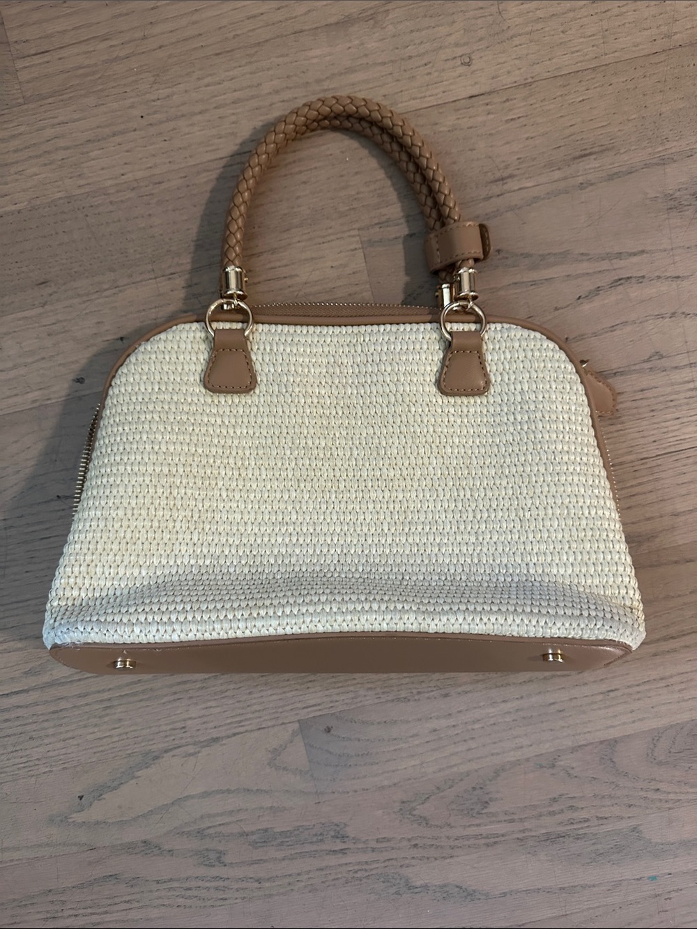 Mystique Boutique Cream Woven Satchel with Tan Trim